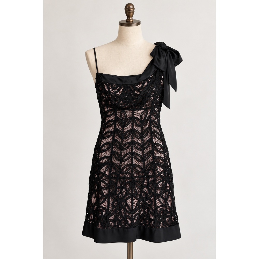 Vintage Betsey Johnson One Shoulder Lace Bow Dress Black Pink Size 8